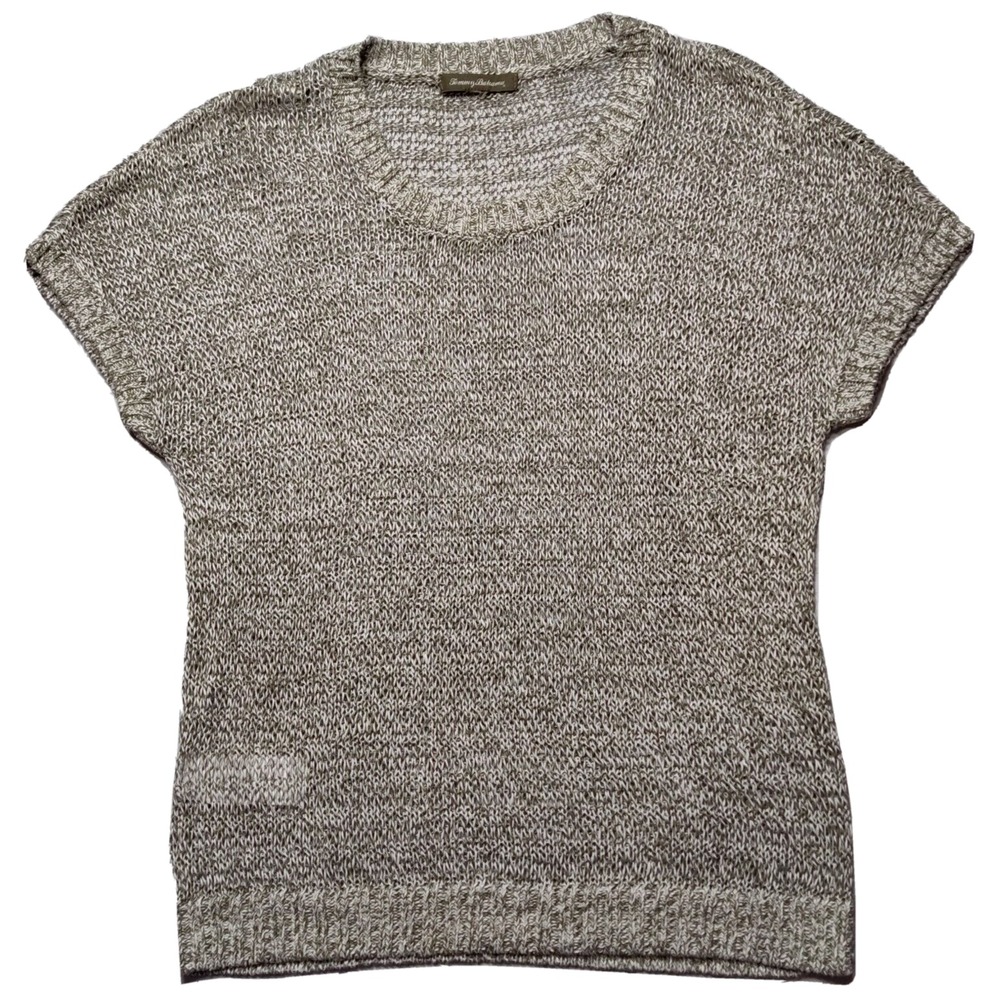 TOMMY BAHAMA LINEN Women MEDIUM? Olive Drab Open Knit Short Sleeve Sweater READ